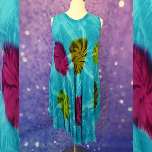 Turquoise Tie Dye V Neck Indian Dress Free Size - Picture 2 of 7
